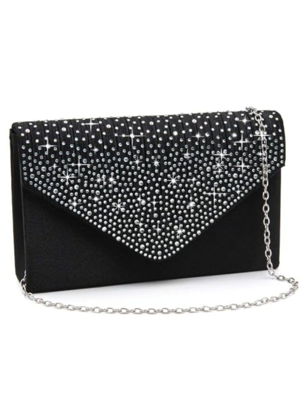 Rhinestone Envelope Clutch Satin Pleated Evening Bag Detachable Chain